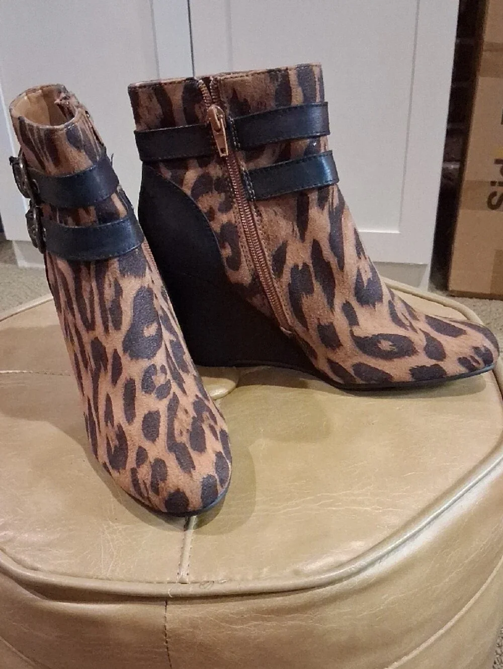 Jaclyn Smith Leopard Print Wedge Ankle Boots with Buckle Straps